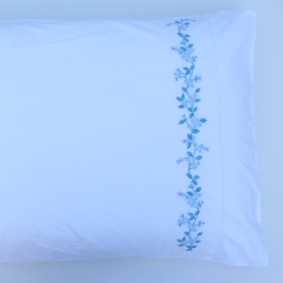Blue Mozart flowers hand embroidery pillowcases